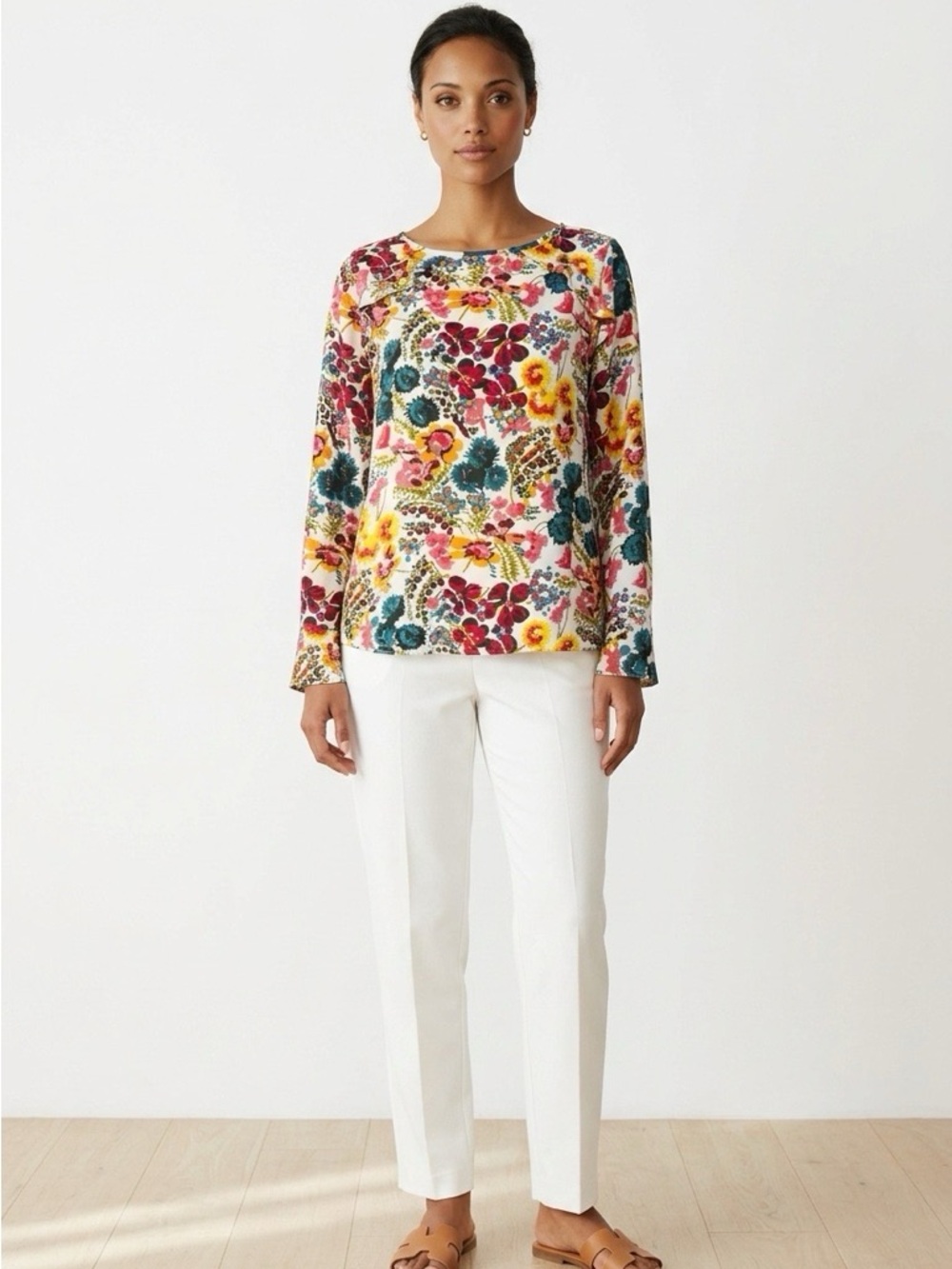 Loft Floral Long-Sleeve Crewneck Top - Multi Size Medium
